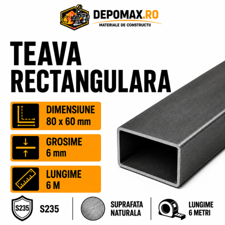 Teava rectangulara 80 x 60 x 6 mm, 6 metri